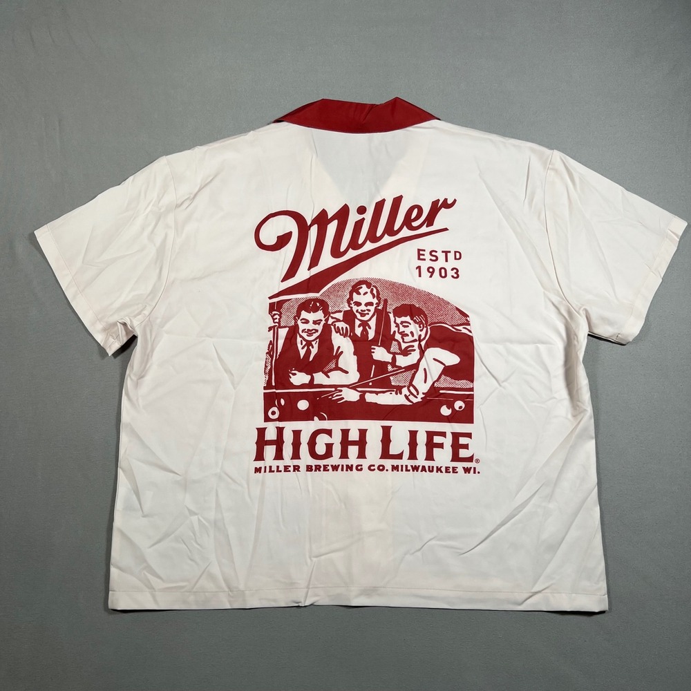 Miller High Life Bowling Camp Shirt Mens Medium Cream Red Beer Graphic Button Up